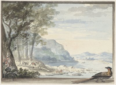 Paisaje fluvial con un ave en primer plano de Aert Schouman