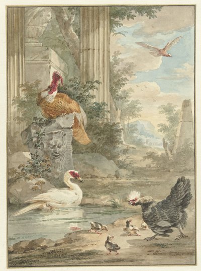 Pavos y otras aves cerca de las ruinas clásicas en un parque de Aert Schouman