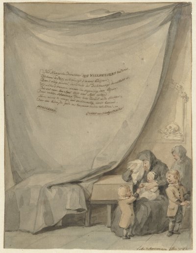 Viuda con cuatro hijos cerca de un ataúd de Aert Schouman