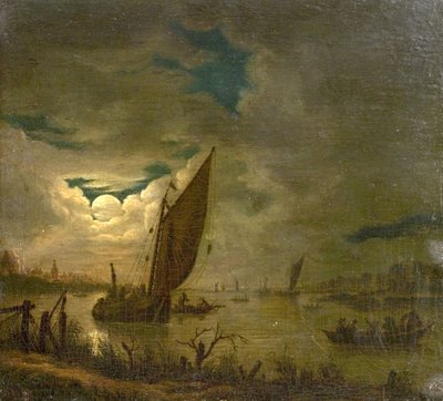 Escena fluvial con barcos y figuras (óleo sobre madera) de Aert van der (imitator of) Neer