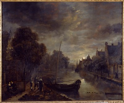 Un canal en una ciudad holandesa a la luz de la luna (óleo sobre lienzo) de Aert van der Neer