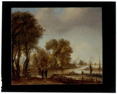 Paisaje fluvial con hombres conversando en una pista de Aert van der Neer