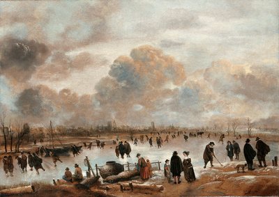 Un paisaje invernal con patinadores y habitantes del pueblo en un canal congelado de Aert van der Neer