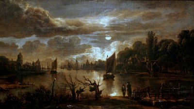 Alemán: Mondscheinlandschaft mit breitem Kanal Moonlit Landscape with a Broad Stream de Aert van der Neer