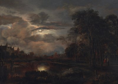 Paisaje a la luz de la luna con puente de Aert van der Neer