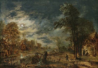 Paisaje a la luz de la luna con un pueblo de Aert van der Neer