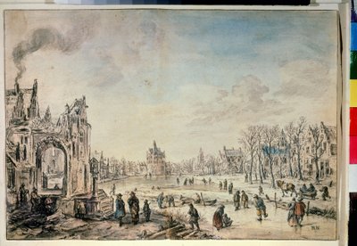 Paisaje de invierno con patinadores. Dibujo de Aert Van der Neer (1603-1677) de Aert van der Neer