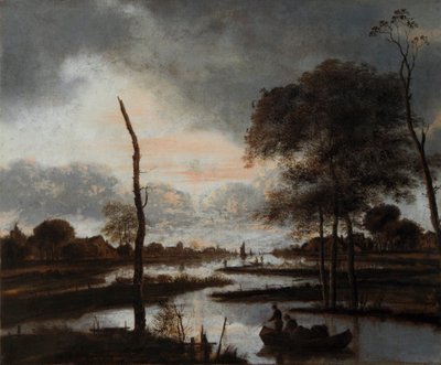 Vista del río: Atardecer (óleo sobre lienzo) de Aert van der Neer