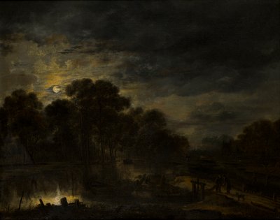 Paisaje fluvial a la luz de la luna, c.1623-77 (óleo sobre lienzo) de Aert van der Neer