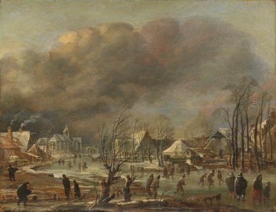 Nevada en un pueblo junto a un canal congelado, 1630-77 de Aert van der Neer