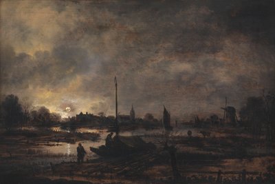 La luna saliendo sobre un pueblo de Aert van der Neer
