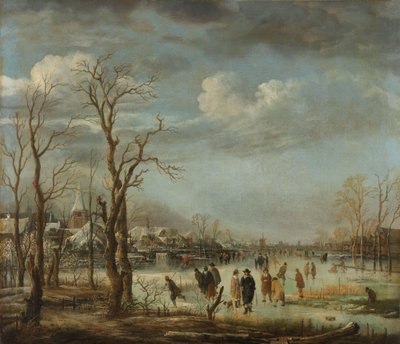 Paisaje invernal cerca de un pueblo con árboles desnudos de Aert van der Neer