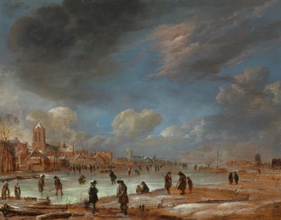 Paisaje invernal cerca de una ciudad con jugadores de Kolf de Aert van der Neer