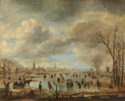Paisaje invernal cerca de un pueblo con jugadores de lobo y trineos tirados por caballos de Aert van der Neer