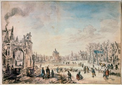 Paisaje de invierno con patinadores, pintura holandesa del siglo XVII de Aert van der Neer