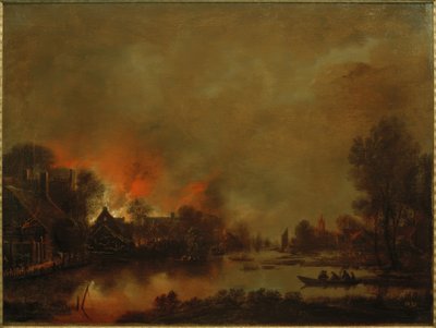 Paisaje nocturno de canal con incendio en un pueblo de Aert van der Neer der Ältere