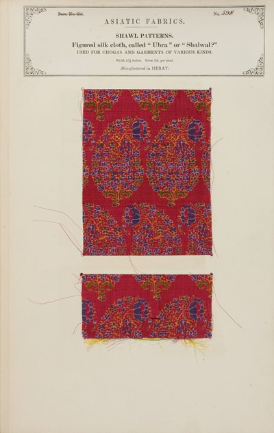 Muestra de tela de seda con dibujos hecha en Herat, de La Colección de los Fabricantes de Textiles de la India, por John Forbes Watson, publicada en 1866 de Afghan School