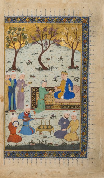 Folio de un texto no identificado; verso: Un príncipe entronizado rodeado de asistentes, Herat, Afganistán, c.1425-30 de Afghan School