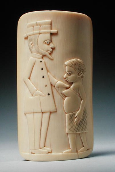 Placa con figuras de un hombre europeo y una mujer africana, Congo de African