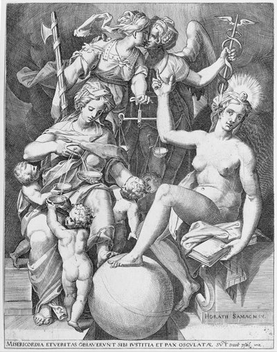 Alegoría del Salmo de David, Misericordia sentada a la izquierda alimentando a cuatro niños, 1579 de After Agostino Carracci.