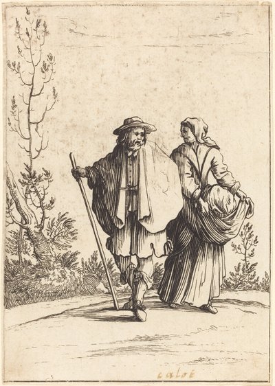 Pareja de mendigos, con paisaje de fondo de After Jacques Callot