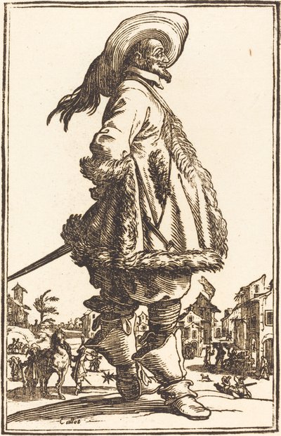 Hombre noble con manto adornado con piel, con las manos detrás de la espalda de After Jacques Callot