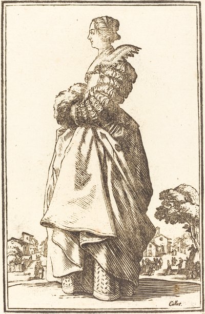 Noble mujer de perfil con las manos en un manguito de After Jacques Callot