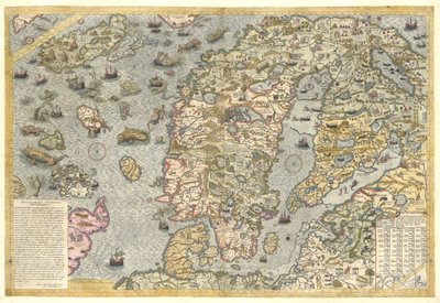 Una fiel reproducción de la Carta marina (un mapa mural de Escandinavia de Olaus Magnus publicado en 1539) de After Olaus Magnus