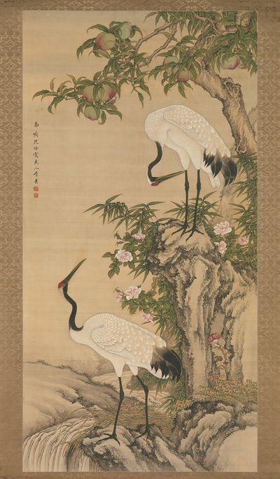 Grullas, árbol de durazno y rosas chinas, principios del siglo XVIII de After Shen Quan