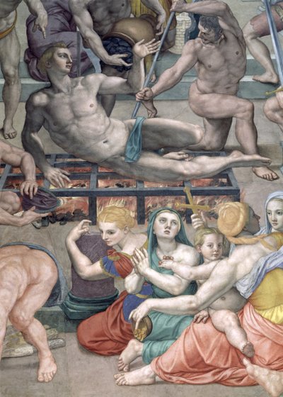El Martirio de San Lorenzo, detalle de San Lorenzo en la parrilla de Agnolo Bronzino