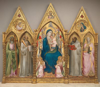 Madonna y Niño con los Santos Andrés, Benito, Bernardo y Catalina de Alejandría con Ángeles (tríptico completo) de Agnolo Gaddi