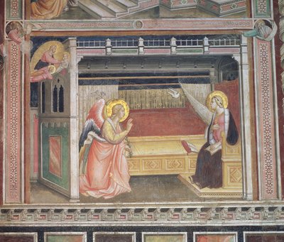La Anunciación, detalle del ciclo de La Vida de la Virgen y el Cinturón Sagrado, de la Capilla della Sacra Cintola de Agnolo Gaddi