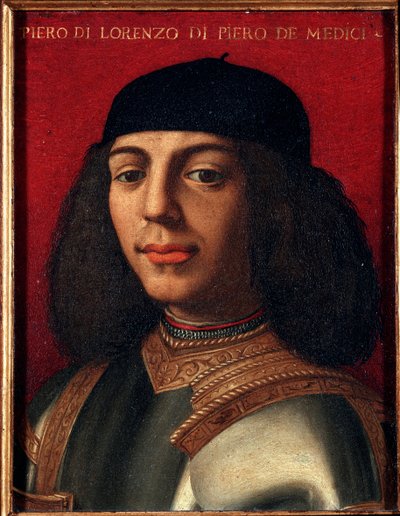 Retrato de Pedro II de Médici (1472-1503) (Piero di Lorenzo de Médici o Piero el Desafortunado) político y militar italiano, hijo de Lorenzo el Magnífico. Pintura de Agnolo Allori llamado el Bronzino (1503-1572), óleo sobre cobre Dim. 15x12 cm Palazzo Medi de Agnolo Bronzino