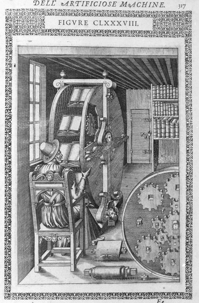 Biblioteca automática. Basado en un proyecto de Agostino Ramelli en “Diverse y Artificiose Machin” y Milán 1600 de Agostino (after) Ramelli