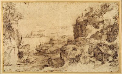 Vista descendente de un puerto fortificado de Agostino (attr. to) Carracci
