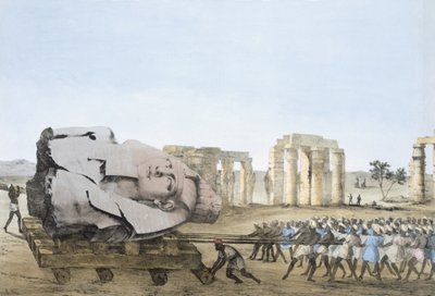 Modo en que se extrajo la cabeza del Joven Memnon, de Placas ilustrativas de las Investigaciones en Egipto y Nubia,Giovannie Battista Belzoni, Pub. 1822 (litografía en color) de Agostino Aglio