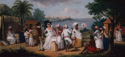 Baile de negros en la isla de Dominica, con Fort Young al fondo de Agostino Brunias