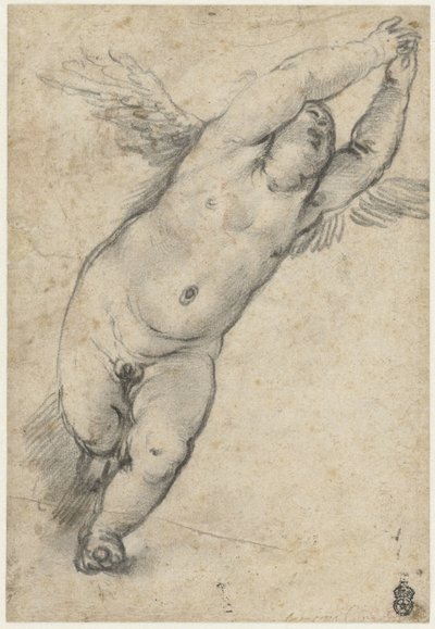 Putto volador con los brazos levantados de Agostino Carracci (attributed to)