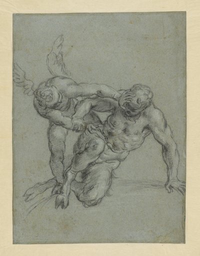 Cupido dominando a Pan (anverso); cabeza de un monje; caricatura de un hombre de perfil (reverso) de Agostino Carracci