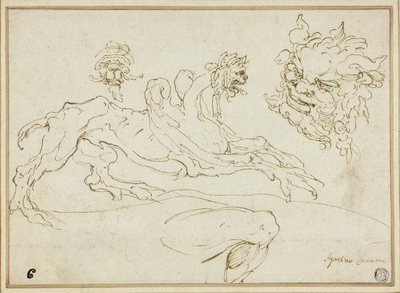 Cuatro bocetos: Grifo, Cabeza grotesca, Cabeza de sátiro, Pierna doblada de Agostino Carracci