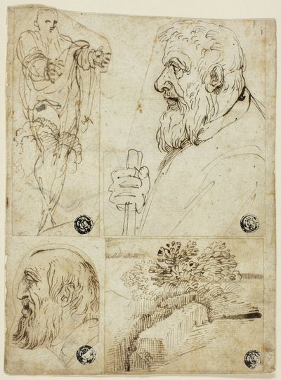 Cuatro bocetos: Figura masculina de pie; Busto de perfil de hombre barbudo; Cabeza de perfil de hombre barbudo; Paisaje de Agostino Carracci