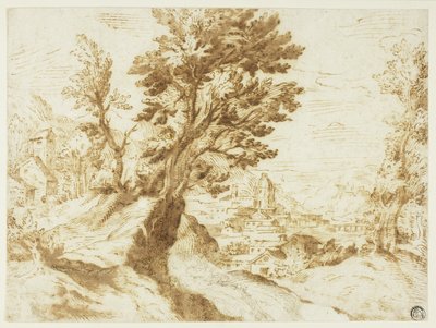 Paisaje montañoso con ciudad a lo lejos de Agostino Carracci