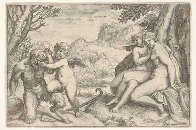 El amor todo lo vence Omnia vincit Amor, en una lucha con un sátiro Amor coloca su mano derecha (detalle) de Agostino Carracci