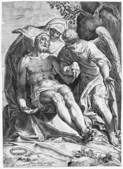 Piedad, Cristo sostenido por la Virgen y un ángel a la derecha, 1582 de Agostino Carracci