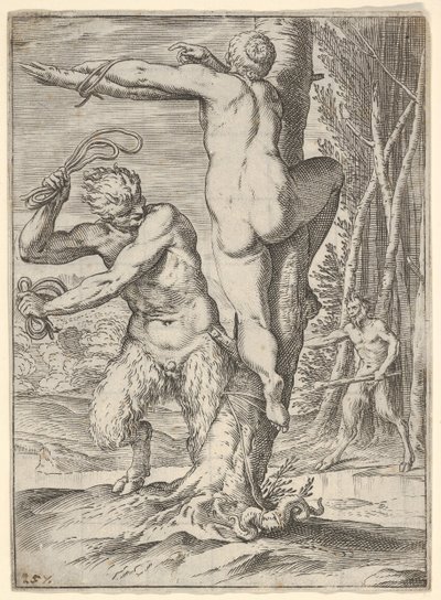 Sátiro azotando a una ninfa, que se muestra de espaldas y atada a un árbol, un segundo sátiro de Agostino Carracci