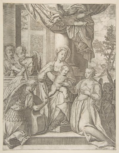 El matrimonio místico de Santa Catalina que se sienta en el centro con el niño Cristo, ángeles... de Agostino Carracci