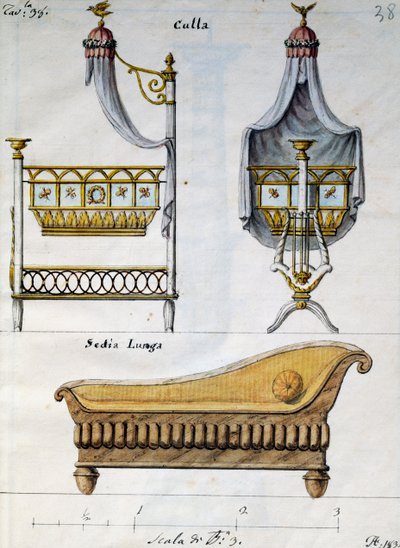 Cuna y sofá, de Lavori di falegname e Fabbro ideati e disegnati da me Agostino Fantastici (Obras de carpintero y cerrajero concebidas y diseñadas por mí Agostino Fantastici), manuscrito 3, lámina 38 de Agostino Fantastici