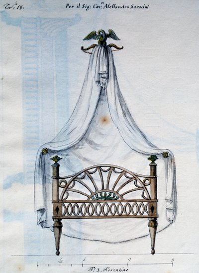 Cama con dosel para Alexander Saracens, de Lavori di falegname e Fabbro ideati e disegnati da me Agostino Fantastici (Obras de carpintero y cerrajero concebidas y diseñadas por mí Agostino Fantastici), manuscrito 3, lámina 18 (1782-1845) de Agostino Fantastici