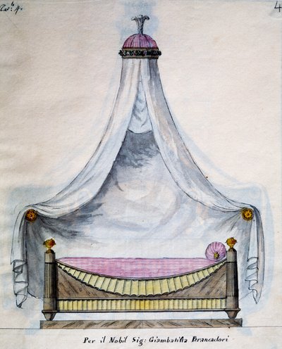 Cama con dosel para el Sr. Brancadori, del Lavori di falegname e Fabbro ideati e disegnati da me Agostino Fantastici, manuscrito 3, lámina 4 de Agostino Fantastici