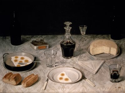 Naturaleza muerta con huevos, pan, queso y vino (óleo sobre lienzo) de Agostino Jose da Mota